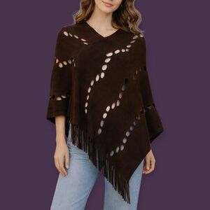 AVENUE 9 Dark Brown Knit Assymetric Fringe Peekaboo Shawl Hippie Poncho
